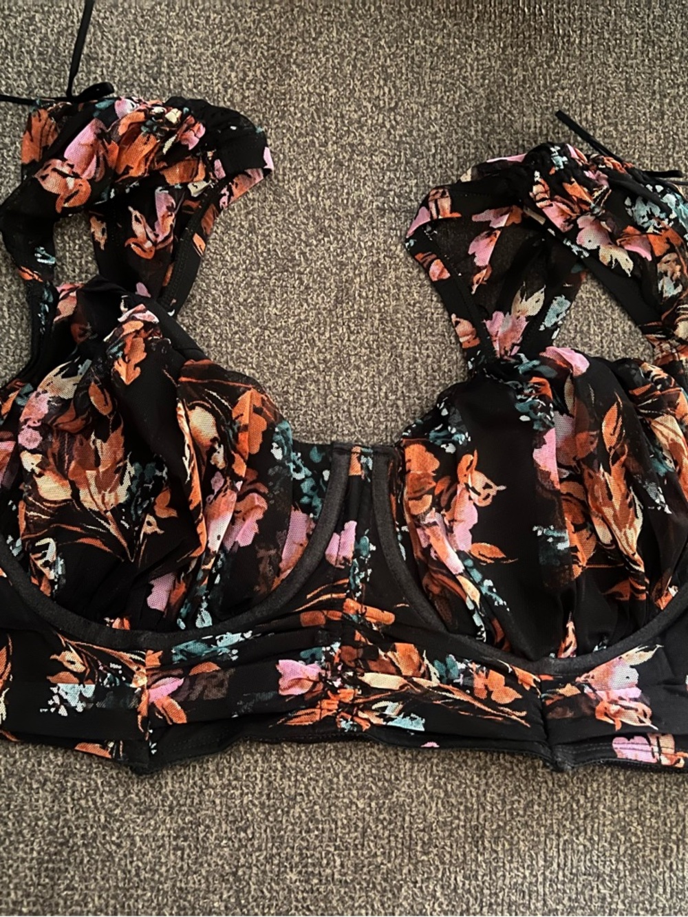 torrid Black Floral Ruffle Strap Bra with Orange & Pink Blooms